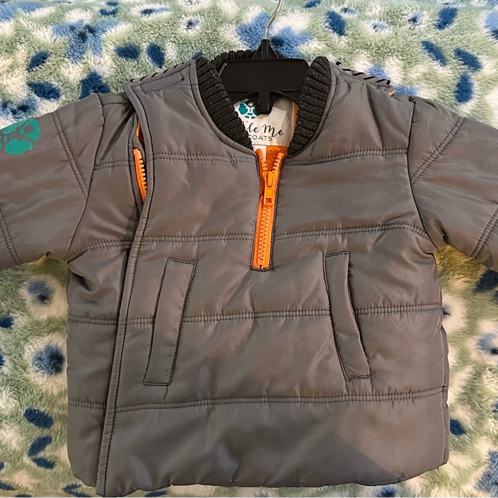 Buckle Me Baby Gray Puffer Jacket with Orange Accents